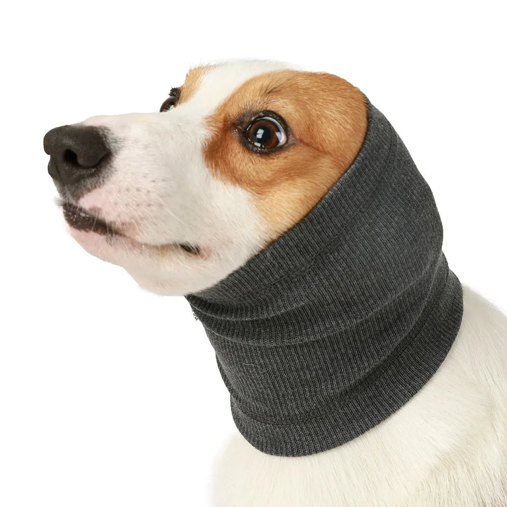 Blue polyester dog headband scarf comforter laid flat, showing its casual bandana shape and size.