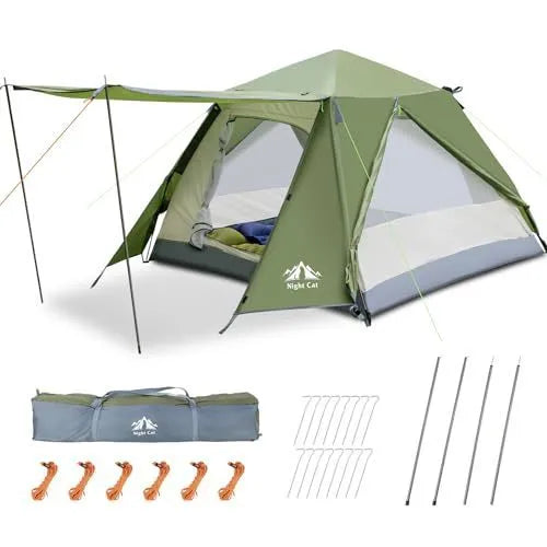 Dark green instant pop-up camping tent shown with automatic deployment mechanism and waterproof rainfly