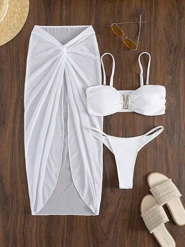 French-style multicolour bikini three-piece set with long culottes construction