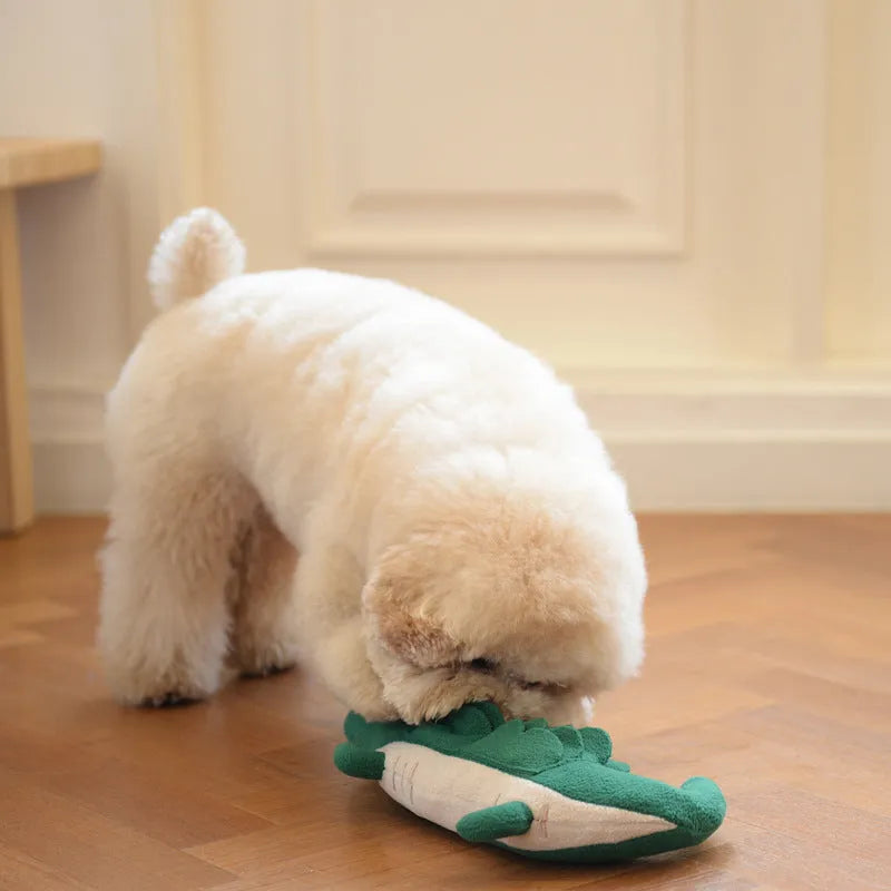Green plush toy dog with interactive features, showing 35cm length.