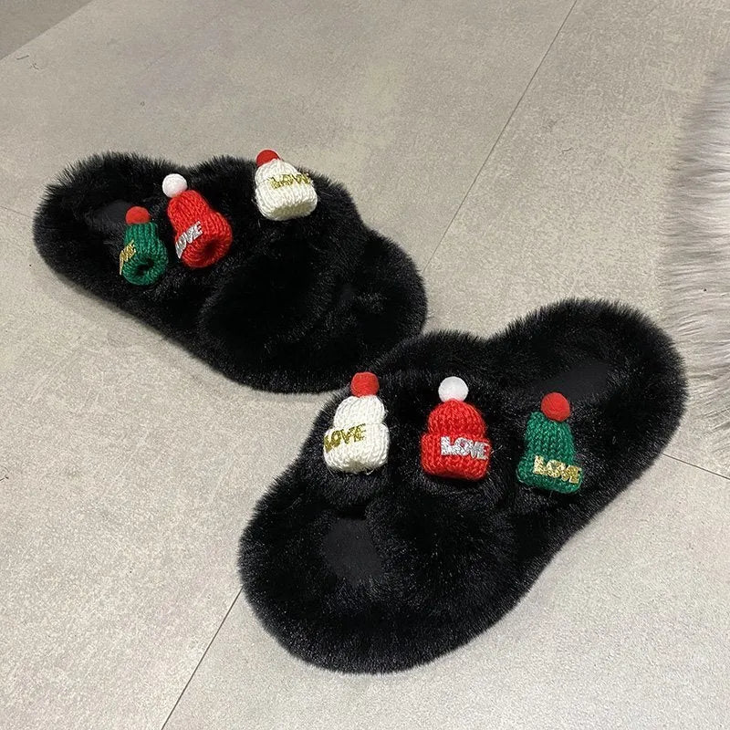 Women's Christmas hat decoration faux plush slippers with rubber sole in black, khaki, or white.