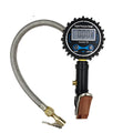 Digital tire pressure gauge with black silver metal body, backlit display, and braided hose on a tyre valve