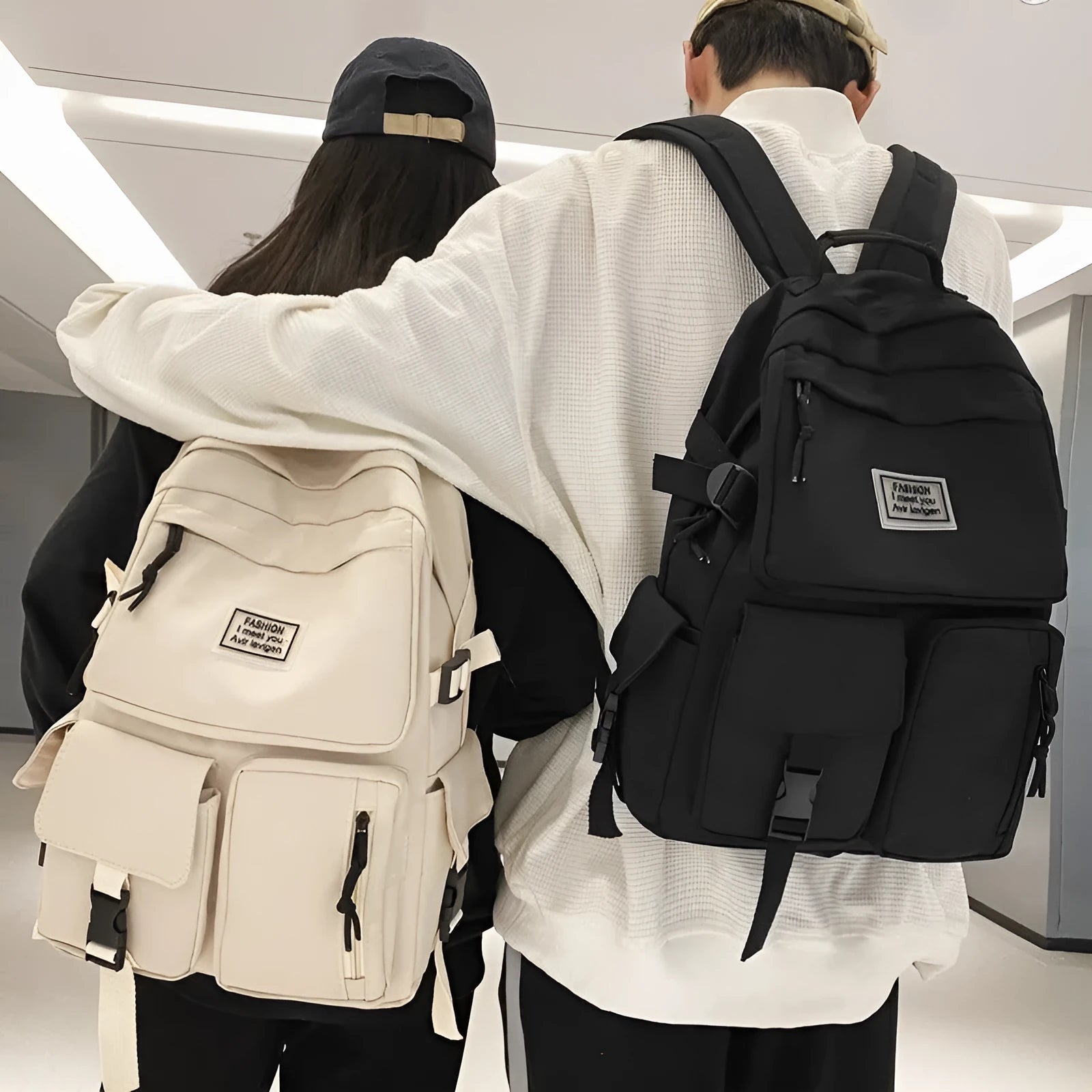 Soft nylon student backpack in black with laptop compartment and three-dimensional pocket