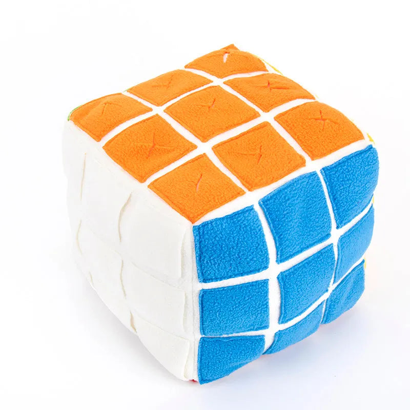 Pet Rubik's Cube sniffing toy made from polar fleece fabric, showing cube with treat compartments, for dogs and cats.