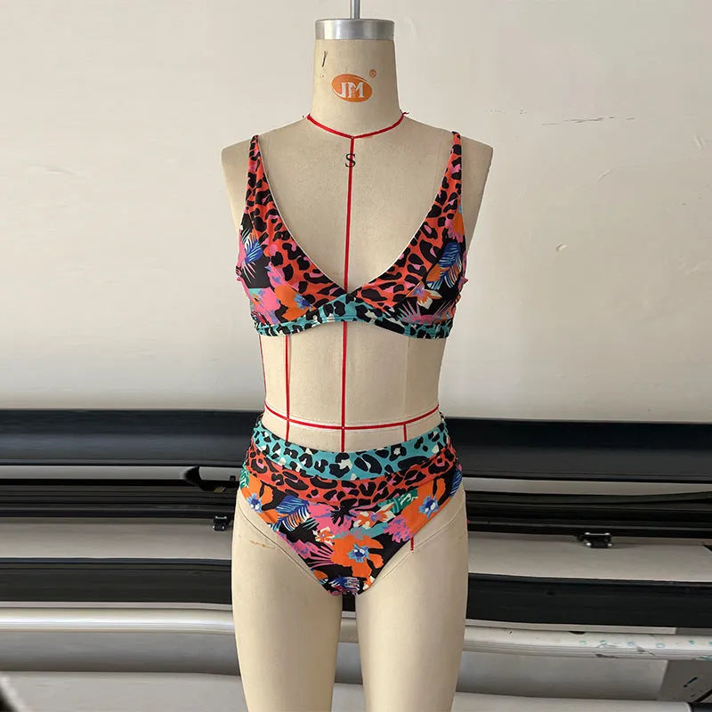 Women's high waist floral print bikini swimsuit set on a white background