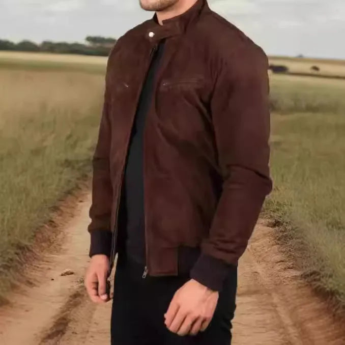 Vintage zipper suede jacket for mature men in brown, long sleeves, straight hem, size stick pockets