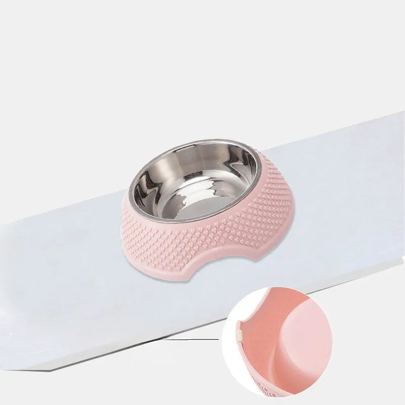 Stainless steel pet bowl with non-slip base in blue, green, or pink options, 19cm diameter