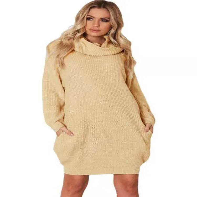 Yellow women's lapel neck pullover sweater with side pockets and a loose, slimming fit