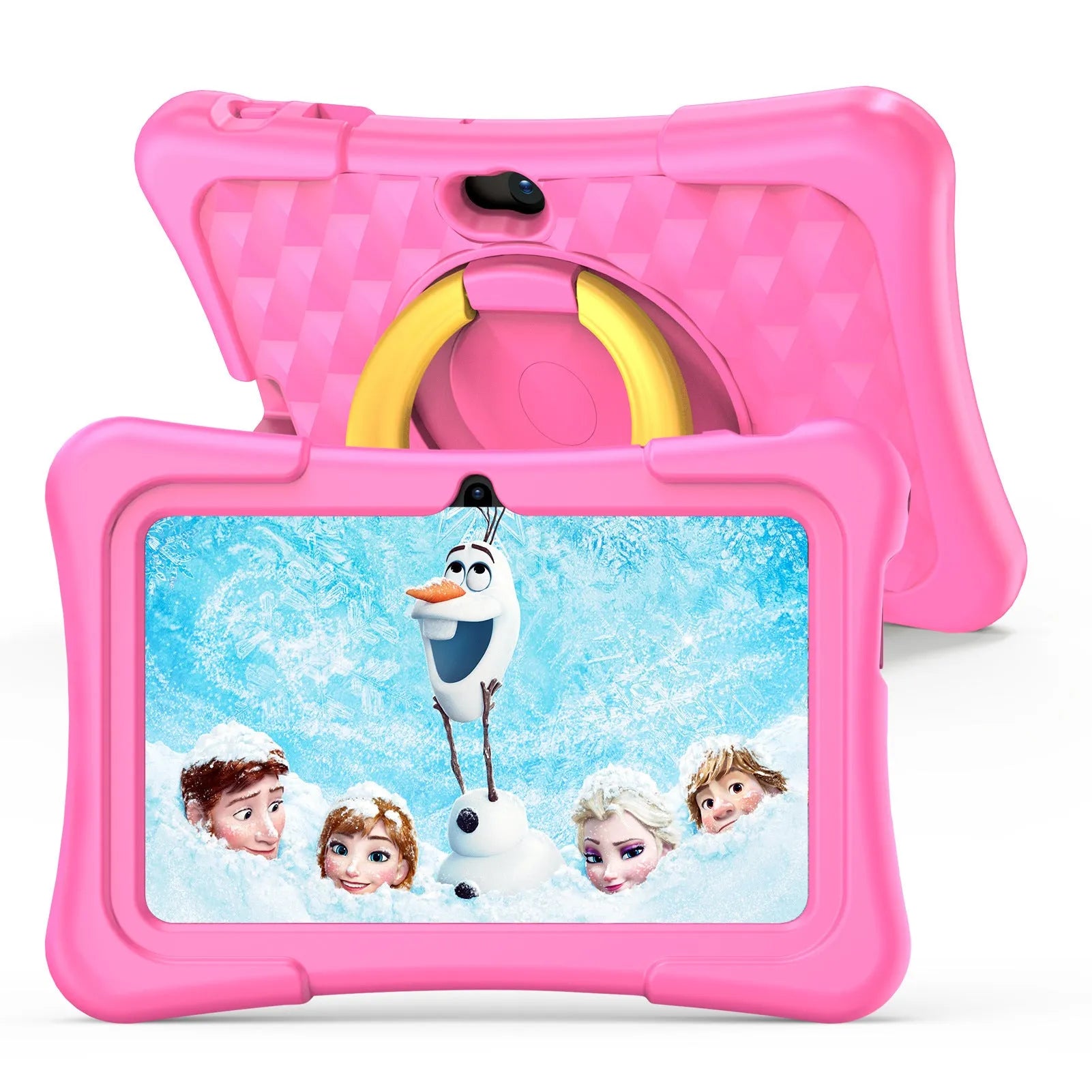 7-inch children's educational tablet with silicone protective cover showing pink and blue colour options