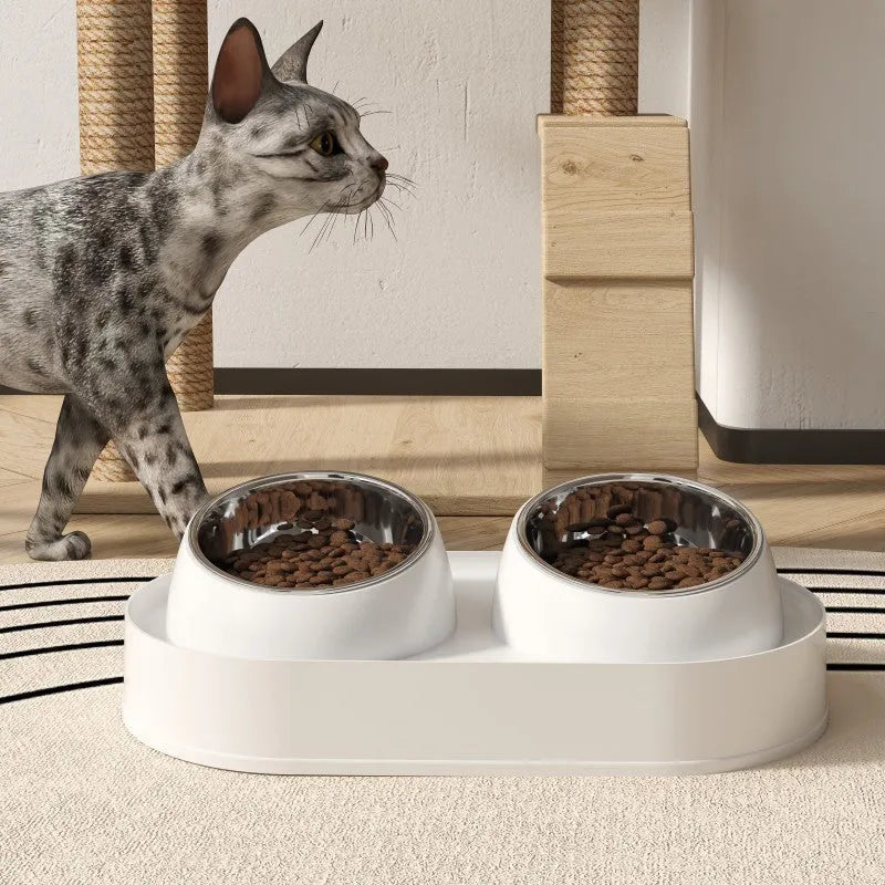 White elevated pet feeder with two tilted bowls on a stable plastic base, for cats and small dogs.