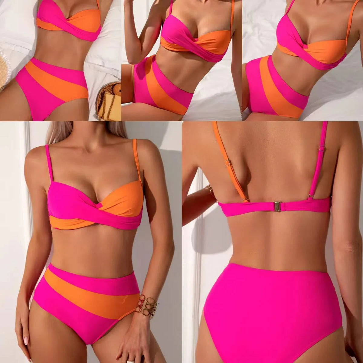 Women's orange red bikini set with steel bracket underwire construction on mannequin