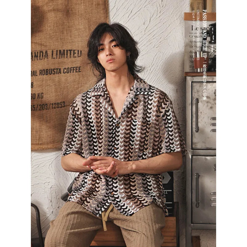 Grey and red Japanese style Cuban collar short sleeve shirt with jacquard pattern, shown in slim fit.