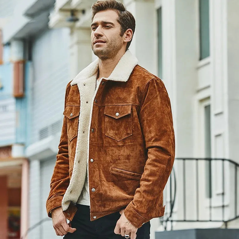 Men's brown genuine pigskin leather cotton padded jacket with lapel collar, straight cut, regular length