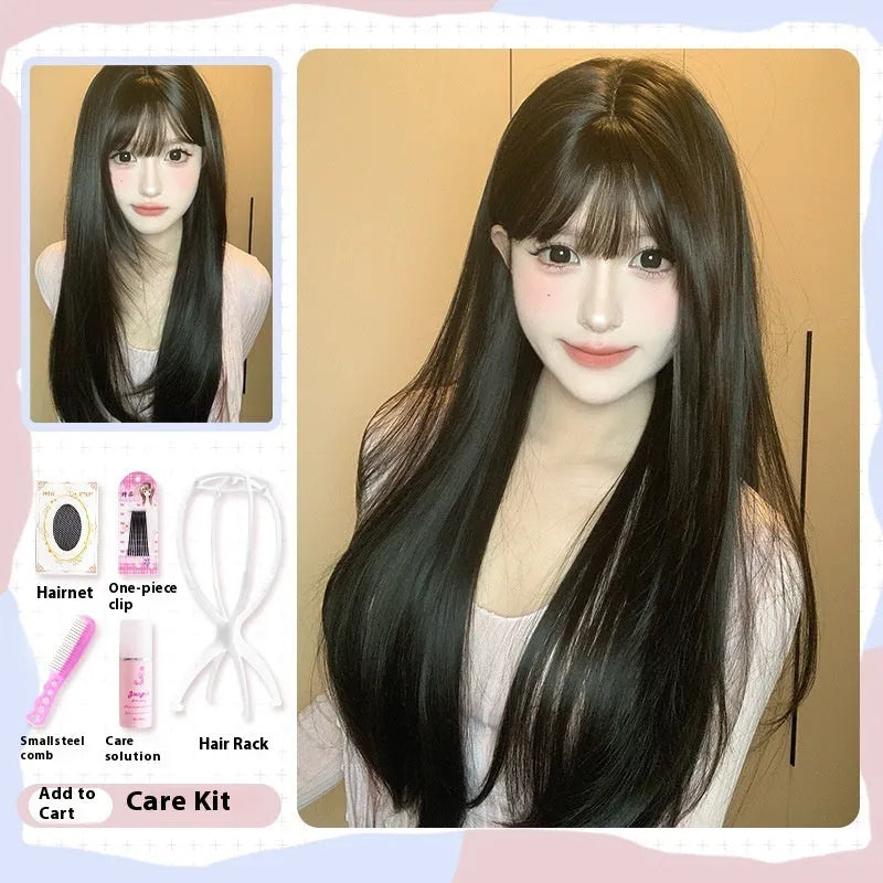 Dark brown long straight synthetic wig with bangs on wig head