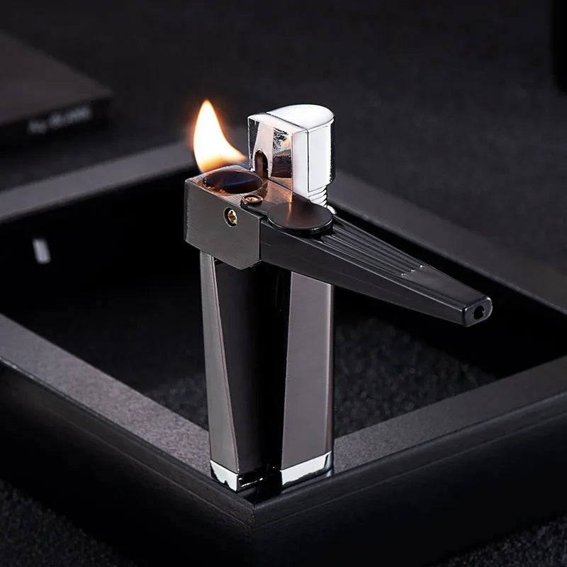 Silver foldable metal pipe lighter showing open flame and stash compartment.