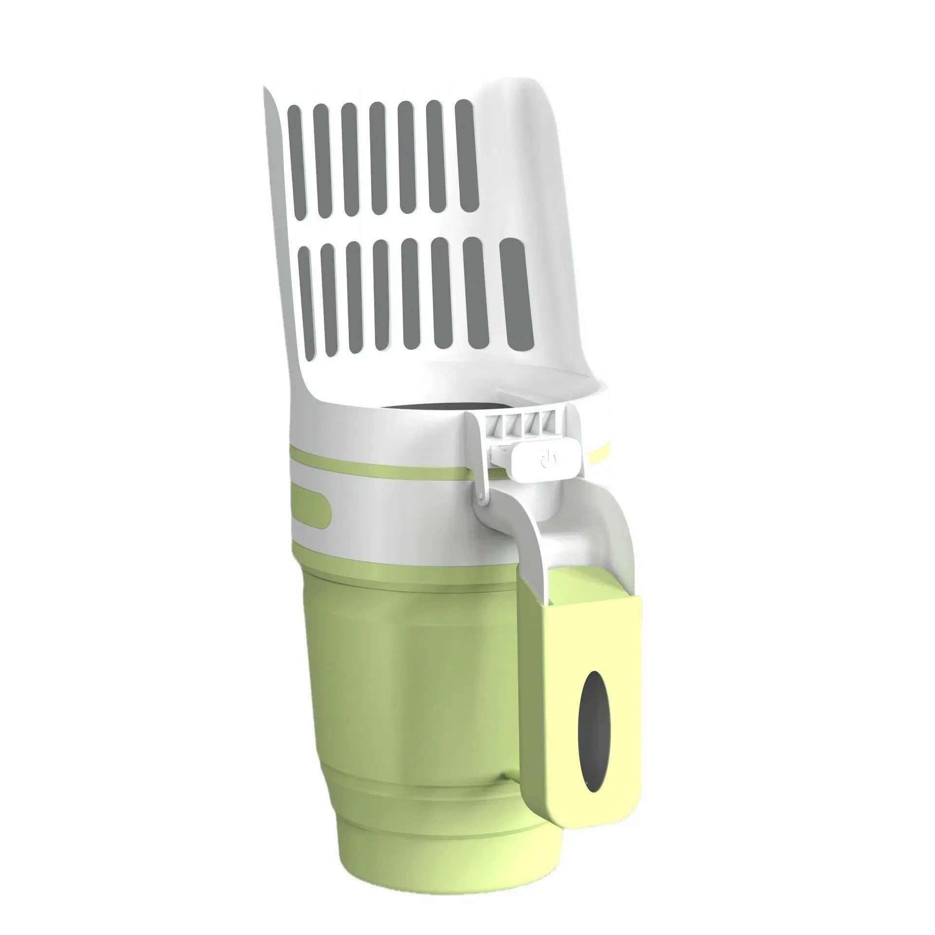 Grey foldable cat litter scoop and bin system with refill bags on a white background.
