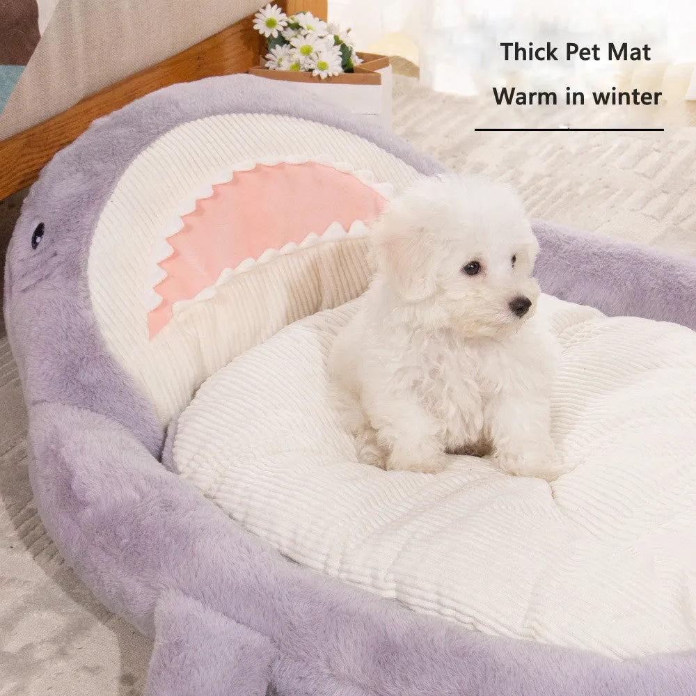Blue shark pattern pet bed cushion on floor with velvet fabric and non-slip bottom