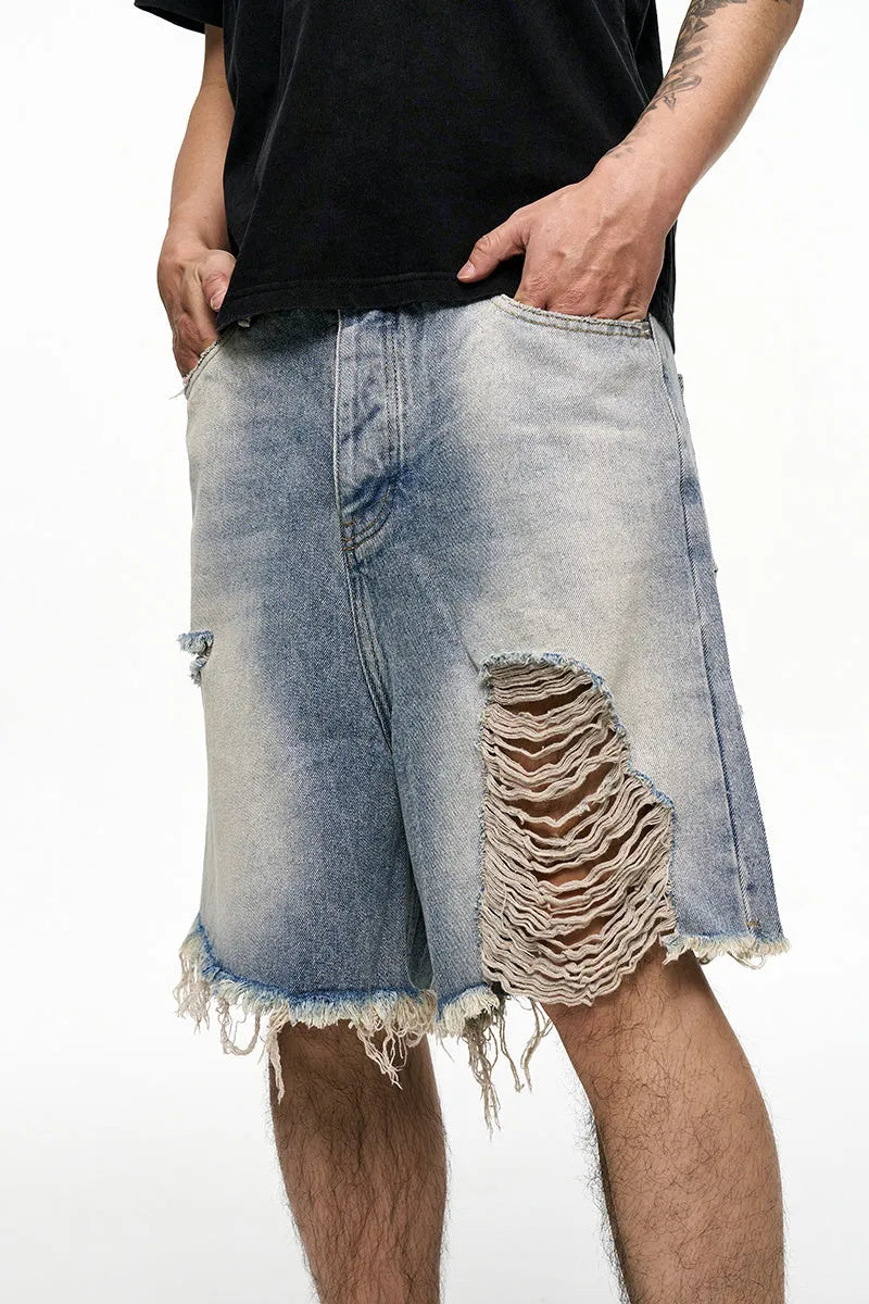 Light blue baggy denim shorts with wide leg cut and zipper fly