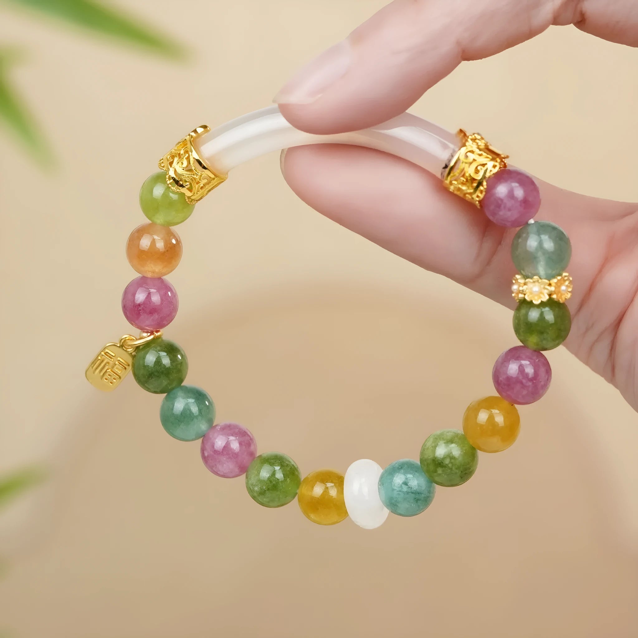 Rainbow-coloured tourmaline half bracelet for women with electroplated finish