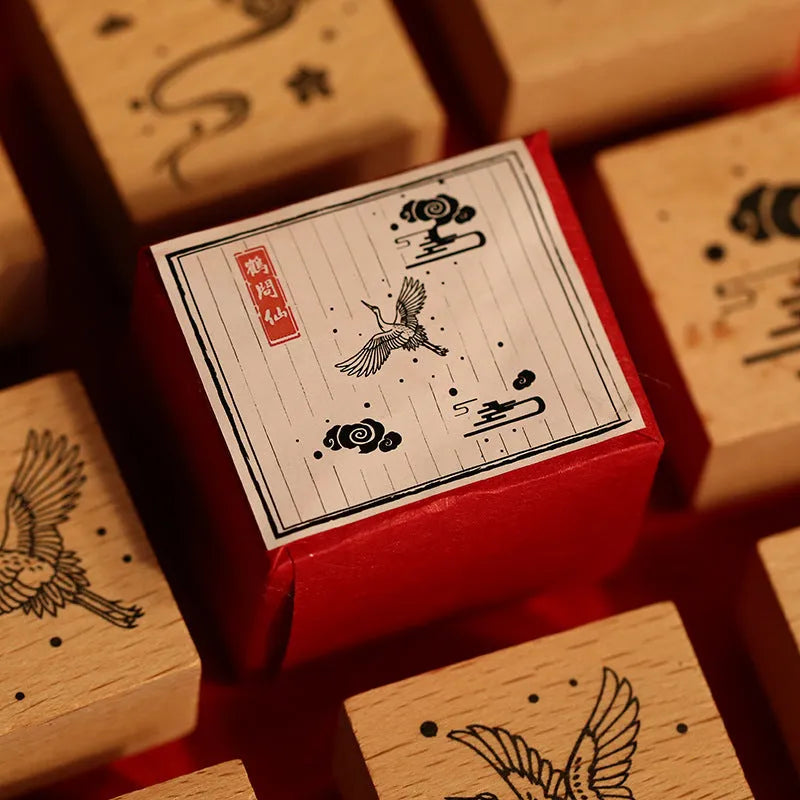 Mr. Paper wooden DIY rubber stamp seal set with crane design options for card making and scrapbooking.