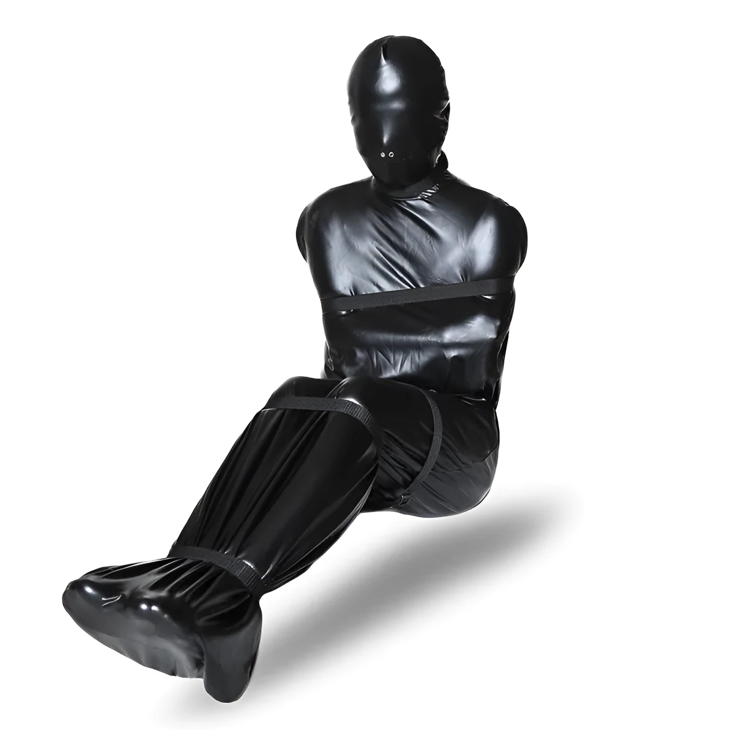 Black patent leather full coverage body restraint wrap with six ratchet tie down straps.