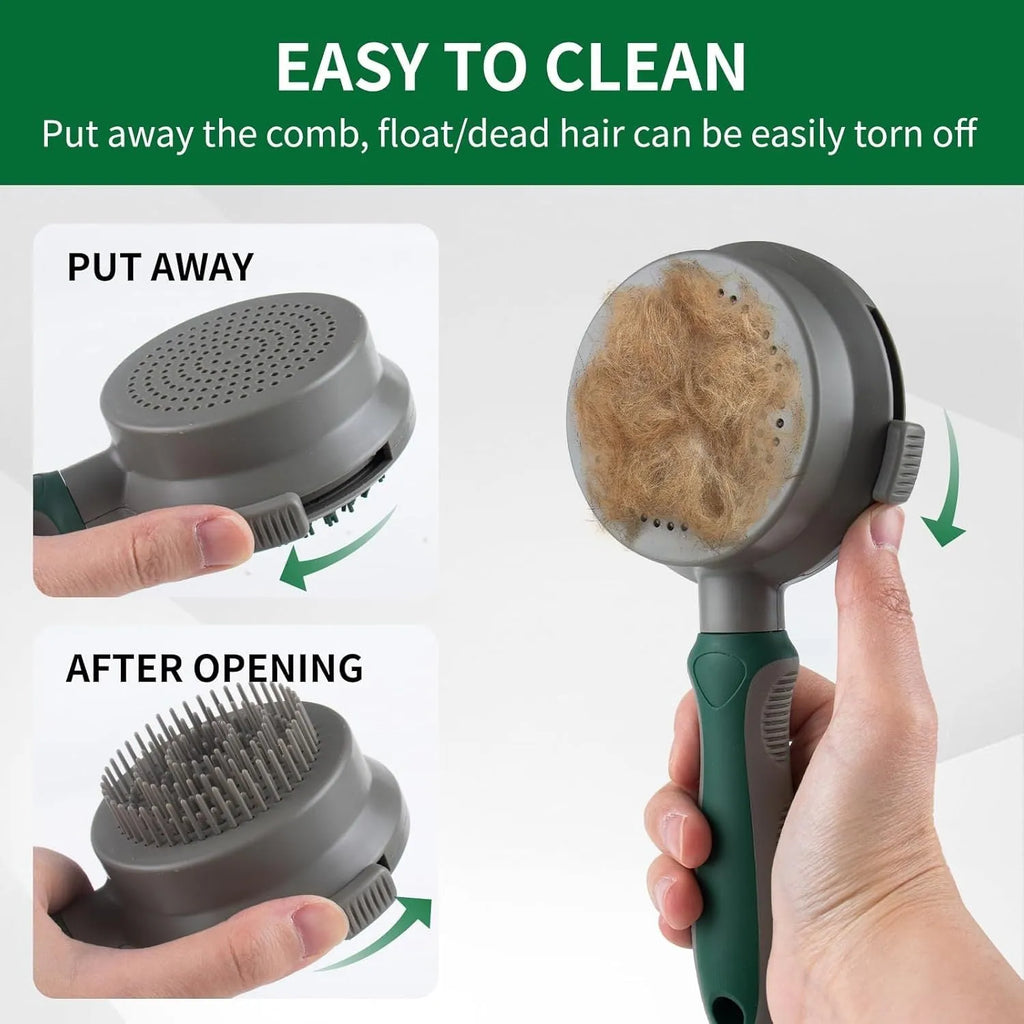 Green and pink dual-sided pet grooming brush with slicker brush and silicone massage pins