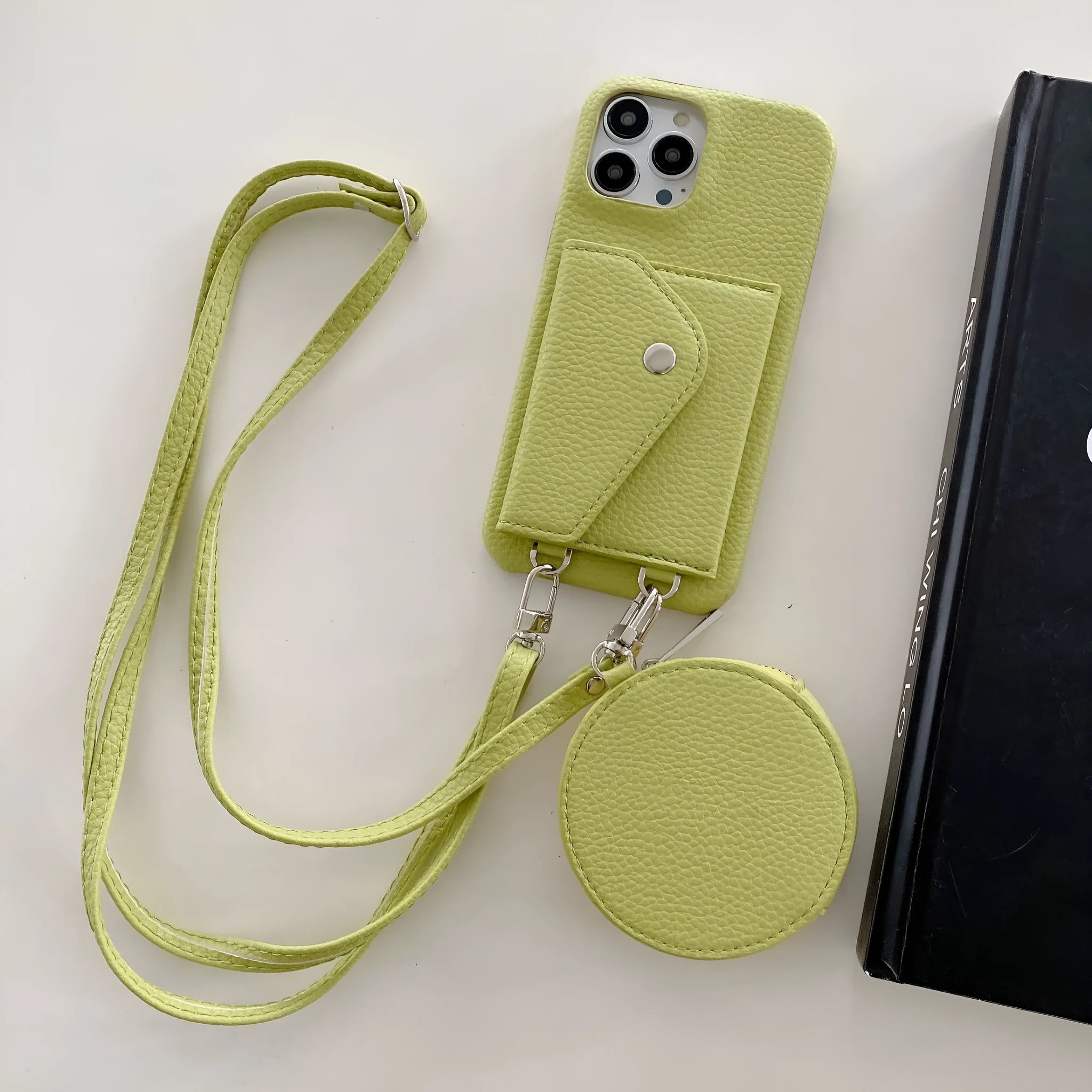 Green PC leather card holder coin purse crossbody phone case for iPhone showing card slots and coin compartment