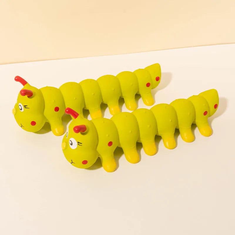 Yellow rubber caterpillar-shaped dog squeaky toy with measurements
