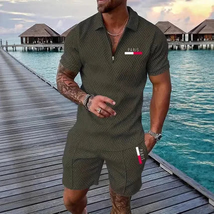 Men's retro plaid beach suit with PARIS heat transfer patch, short-sleeve T-shirt and shorts set in nine colours