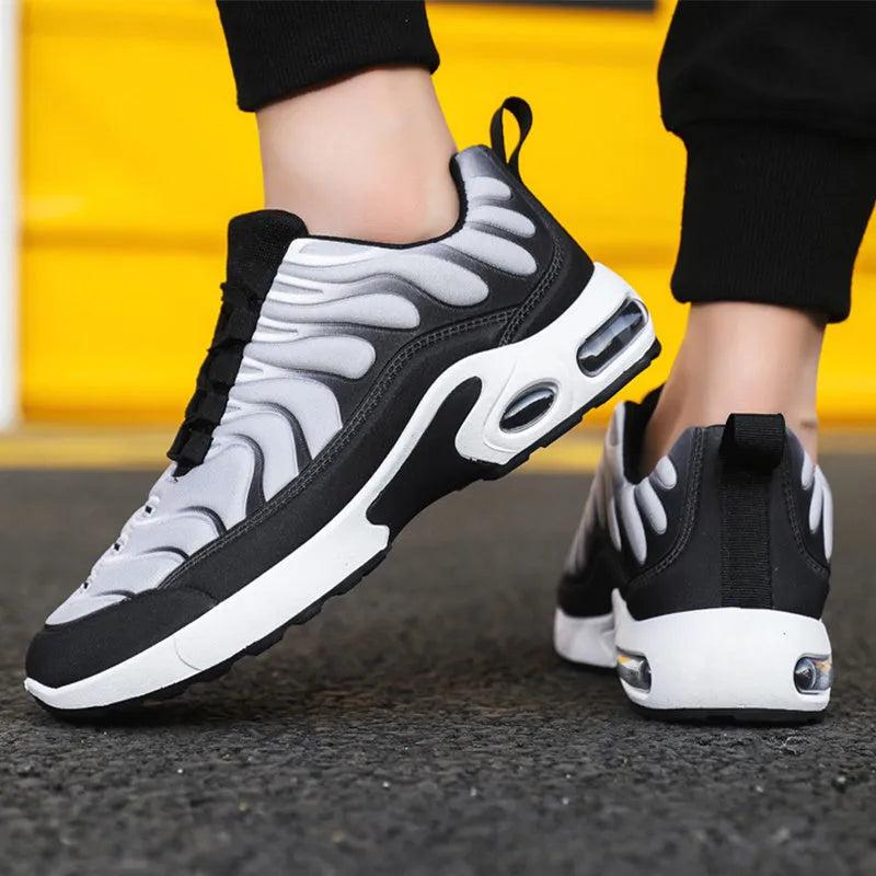 Colour-blocked men's lace-up air cushion sneakers with fabric upper and rubber sole, blue colour