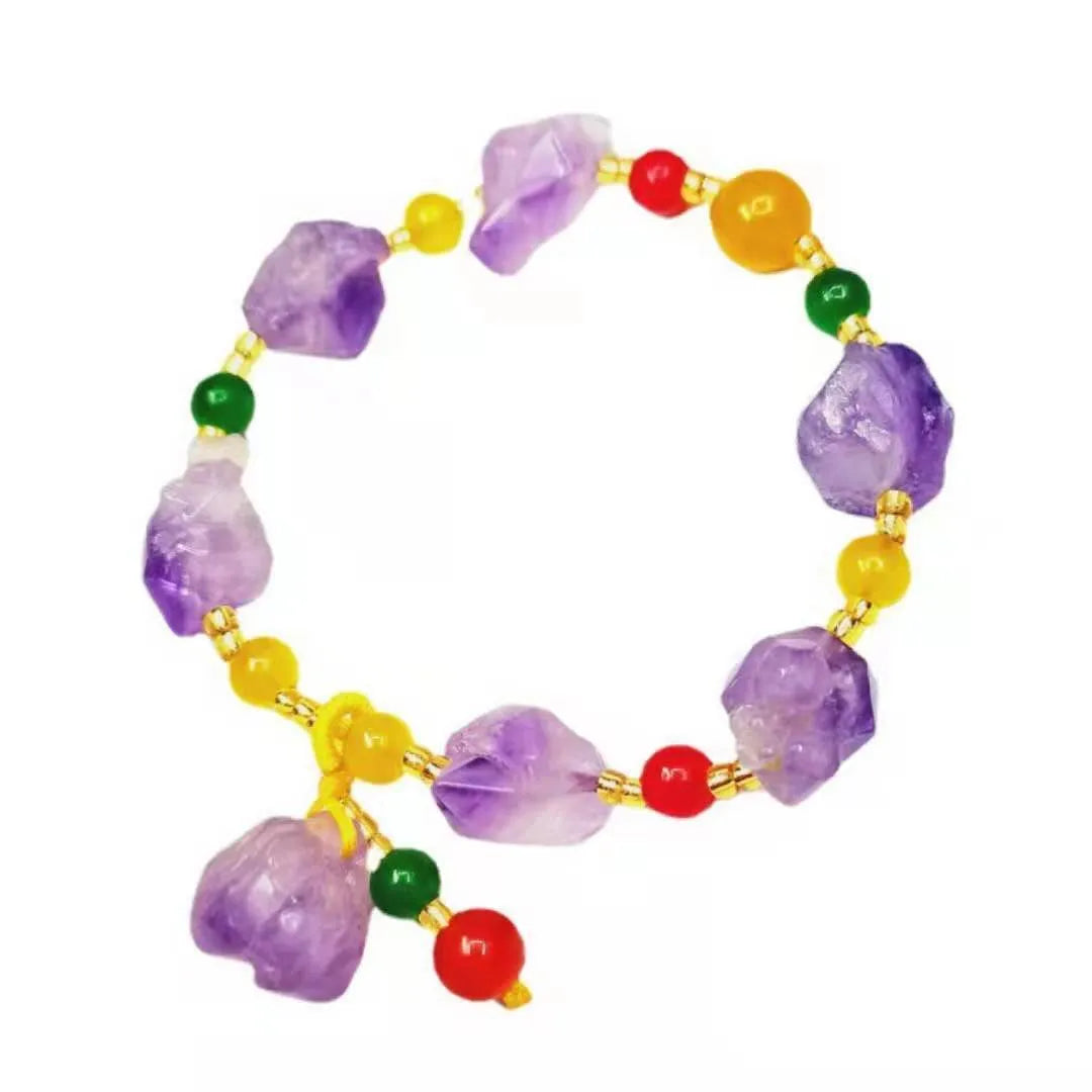 Women's natural shaped amethyst bead bracelet with fu character charm jewellery