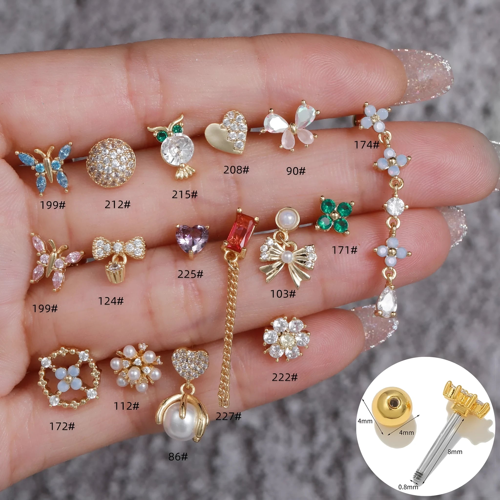 Korean-style tassel flower screw ball ear cartilage piercing stud in brass with gold finish, showing floral shape and petal details