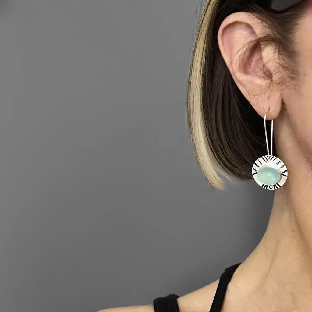 Water green chalcedony earrings for women, retro drop shape, antique silver water green metal, 44mm x 17mm, one pair