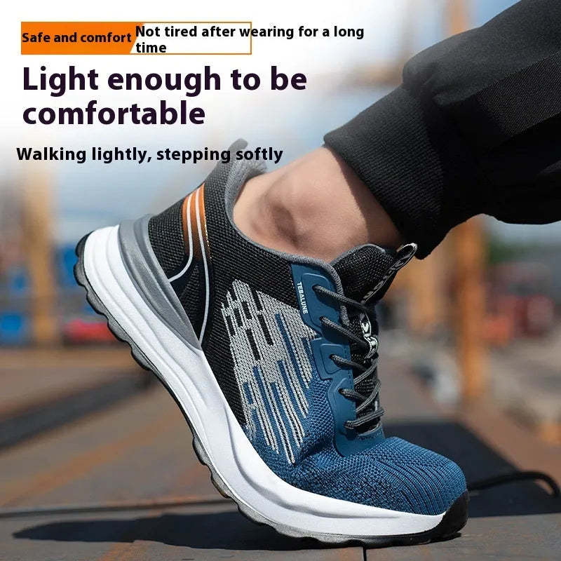 Blue men's safety work shoes with plastic toe cap and mesh upper on non-slip PU sole
