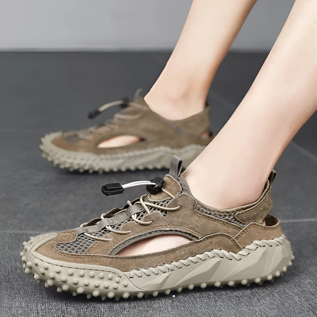 Men's black waterproof sports sandals with leather mesh upper and rubber sole