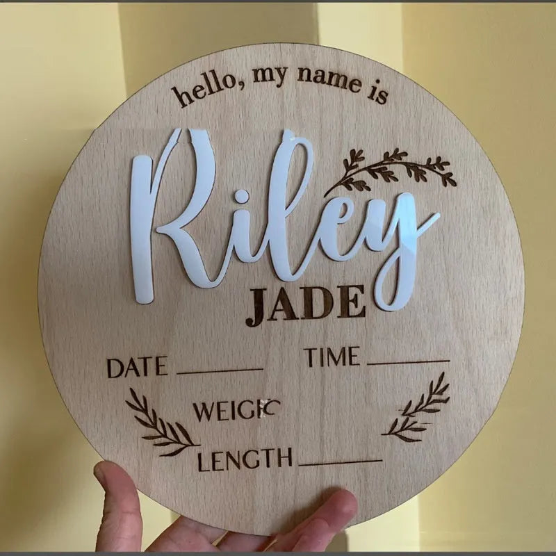 15cm square wooden newborn name label with engraved birth information on plywood