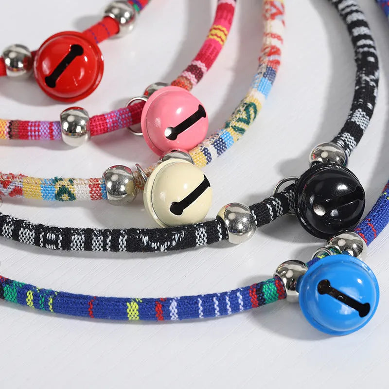 Ethnic style adjustable pet collar with bell in multiple colour options for cats and small dogs