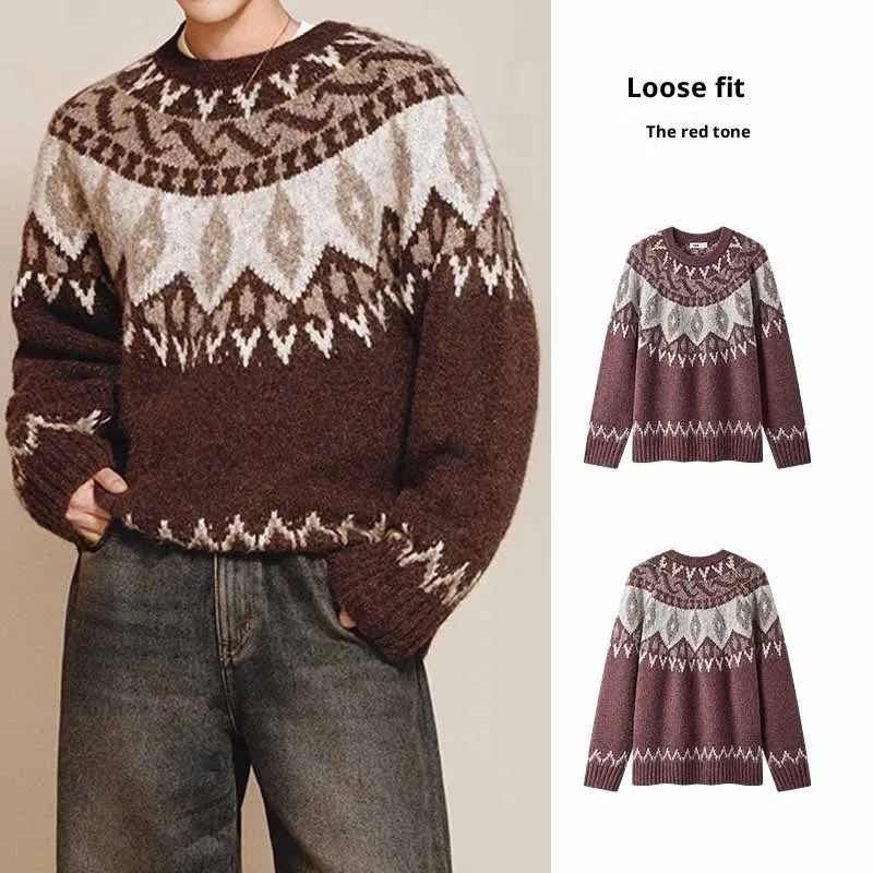 Men's round neck jacquard knitted sweater in brown, synthetic fibre blend, long sleeves, regular thickness