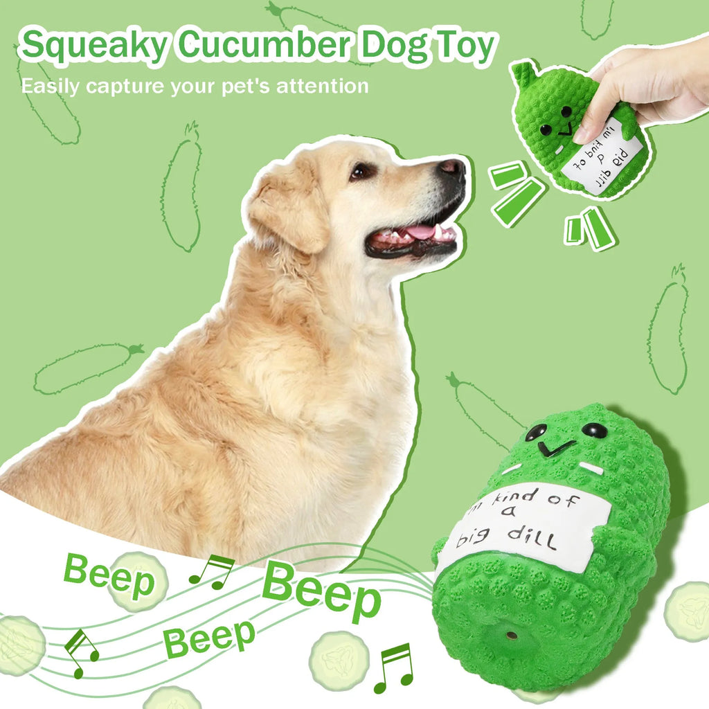 Green pickle-shaped latex dog chew toy with textured surface and squeaker for teething puppies