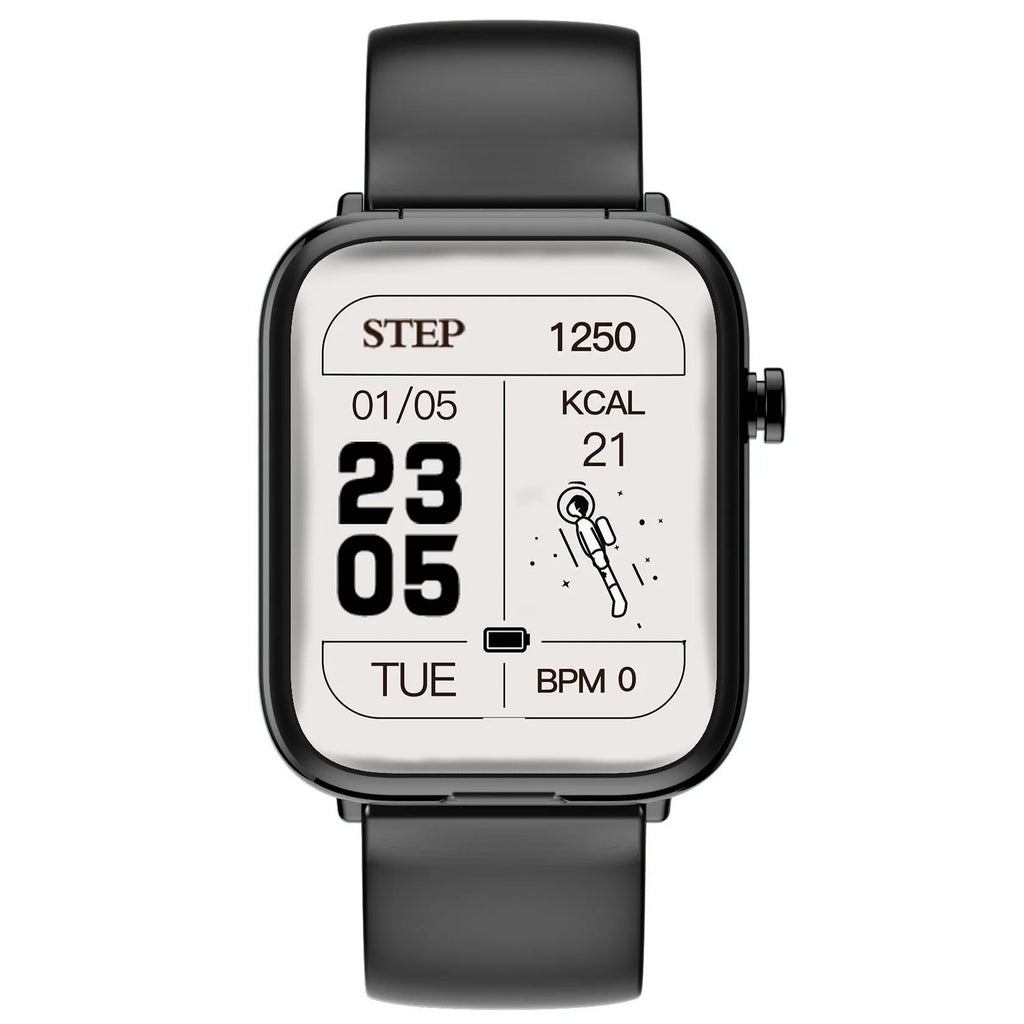 Black all-touch smart watch body with zinc alloy frame and 1.69 inch screen showing fitness data