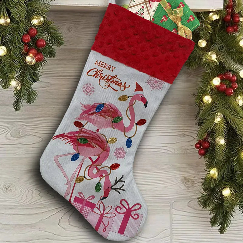 Flamingo design cloth Christmas stocking measuring 46 by 28 centimetres.