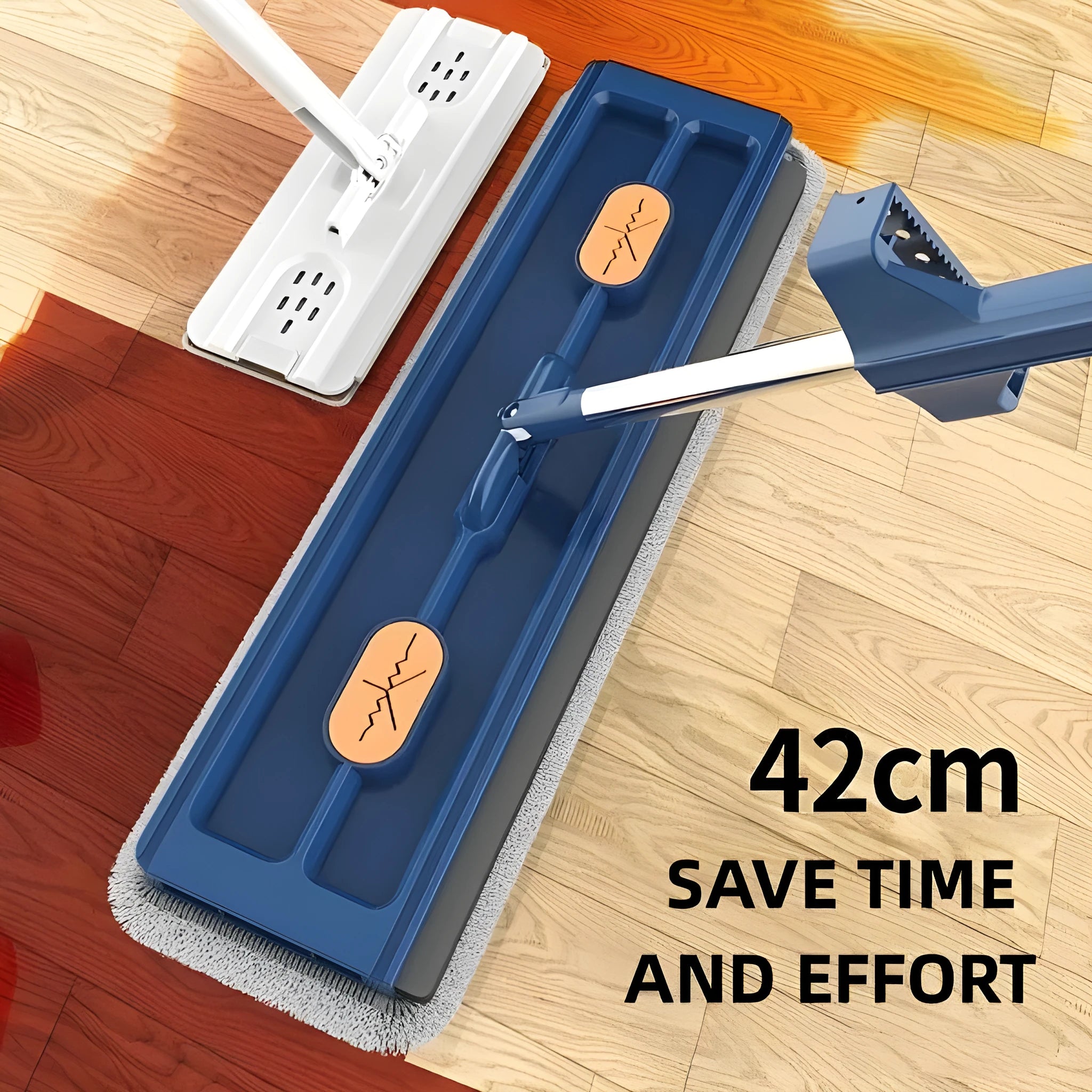 Large blue flat mop with long stainless steel handle and rotating head shown on hard floor