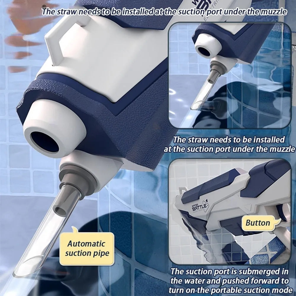 Blue electric water gun with USB charging cable and 358ml water capacity for outdoor use