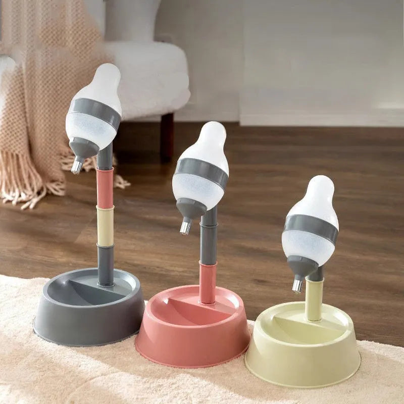 Grey adjustable standing pet water dispenser with detachable pole and ball-tip drinking nozzle