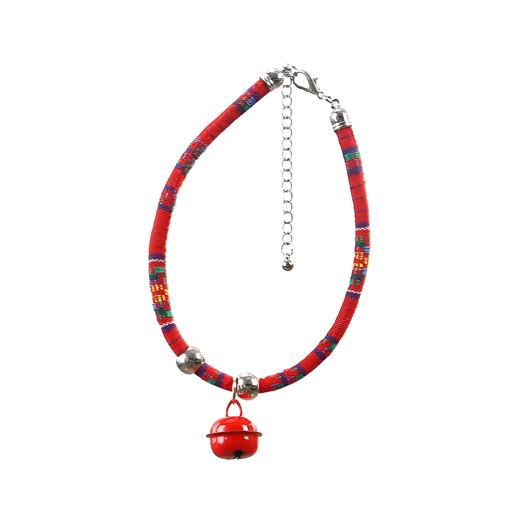 Ethnic style adjustable pet collar with bell in multiple colour options for cats and small dogs