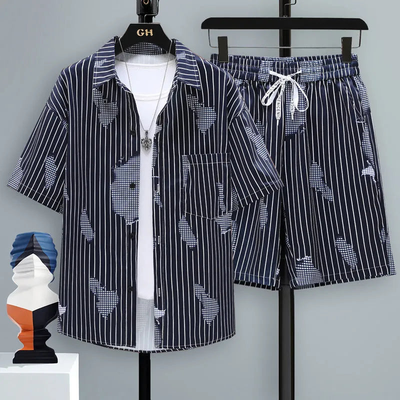 Men's casual sports two-piece set with short sleeve top and matching shorts in polyester fabric