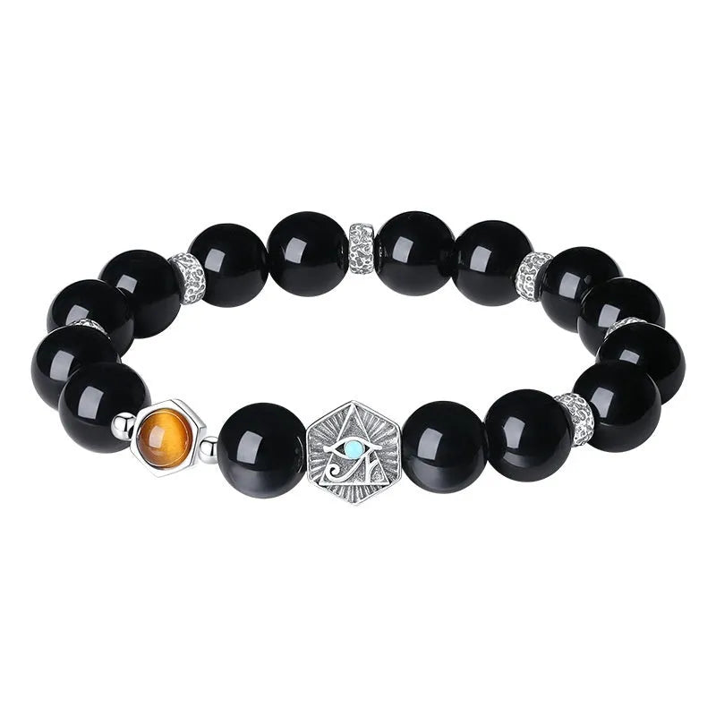 Men's retro geometric bracelet with S925 silver setting and 8mm tigereye God's Eye obsidian stone.