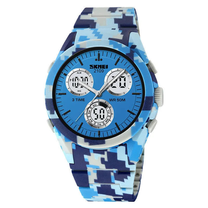 Electronic casual watch with camouflage pattern, resin crystal, and stainless steel button on TPU strap