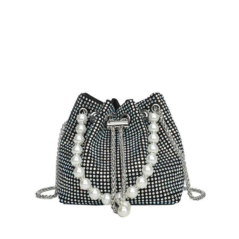 PU leather crossbody bag with diamond accents, chain strap, and bucket shape in colour option
