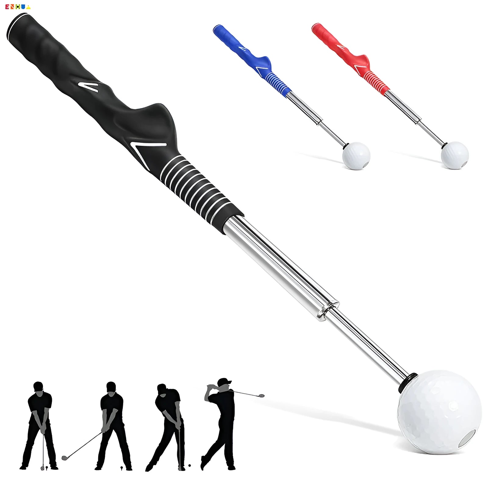 A telescopic golf swing simulator trainer in stainless steel, shown in black, blue, and red colour options.